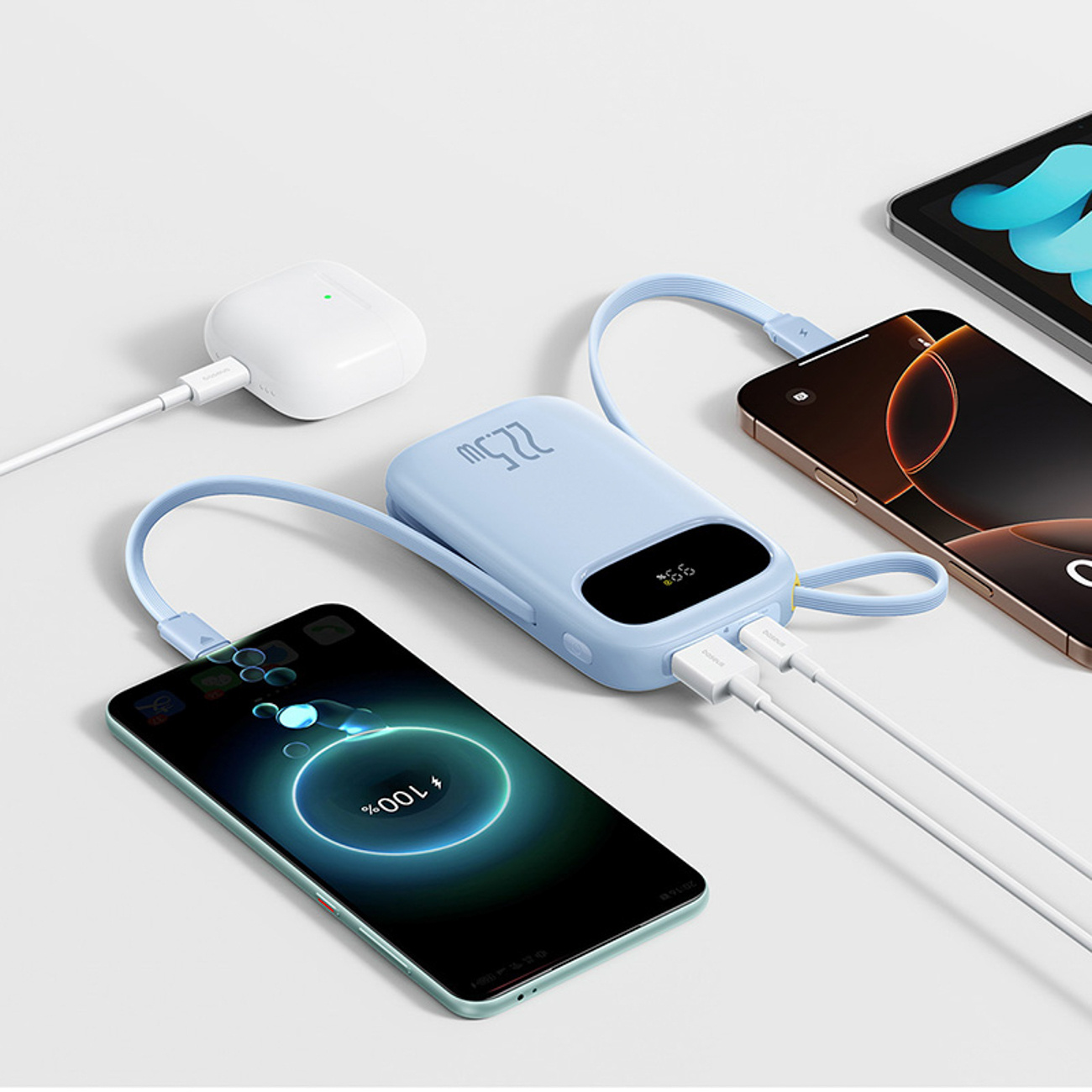 Powerbank 20000 Mah Su Ekranu Ir Integruotais Laidais Enerfill Fc31 22,5w - Mėlynas