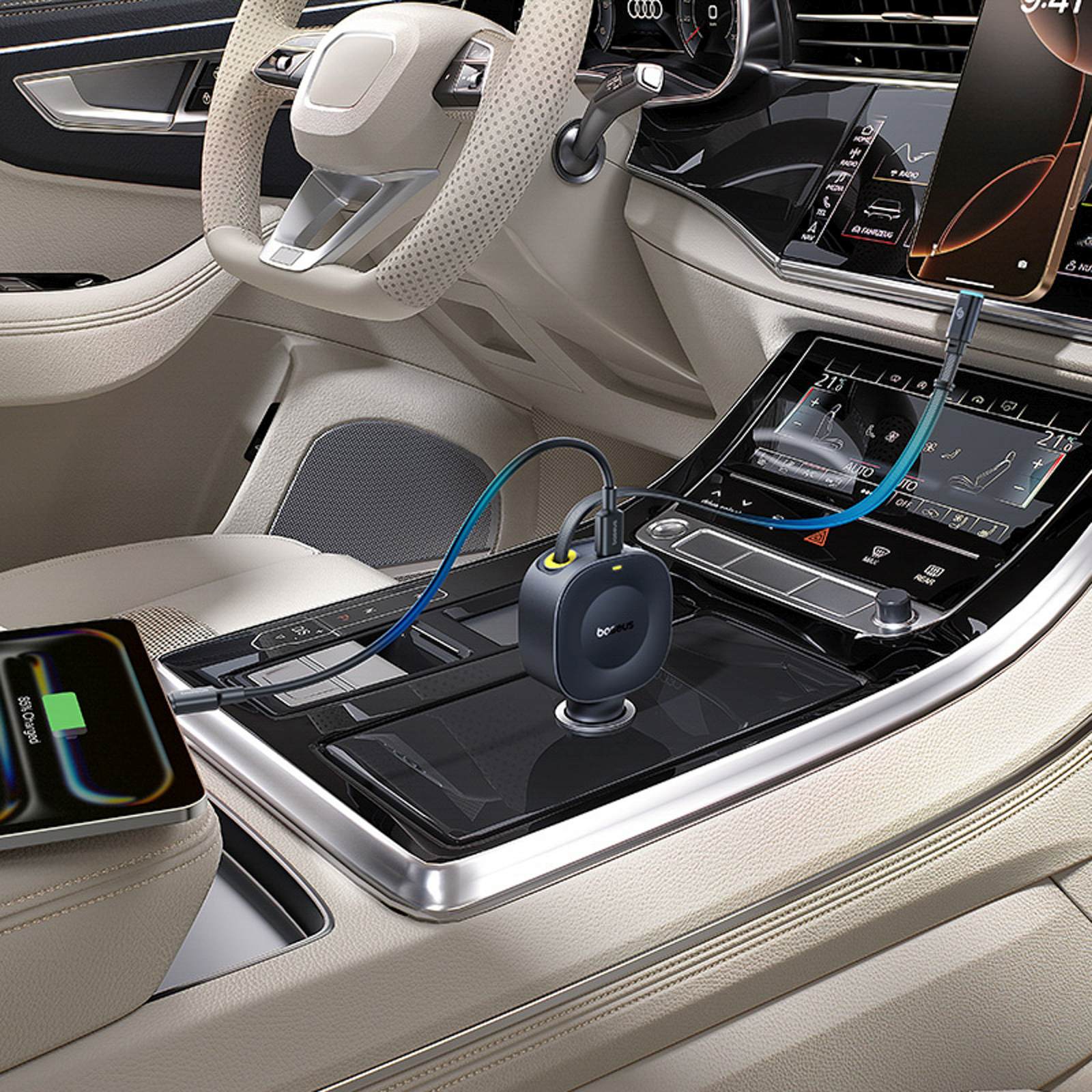 Usb-c Automobilinis įkroviklis Su Ištraukiamu Usb-c Kabeliu 30 W - Juodas