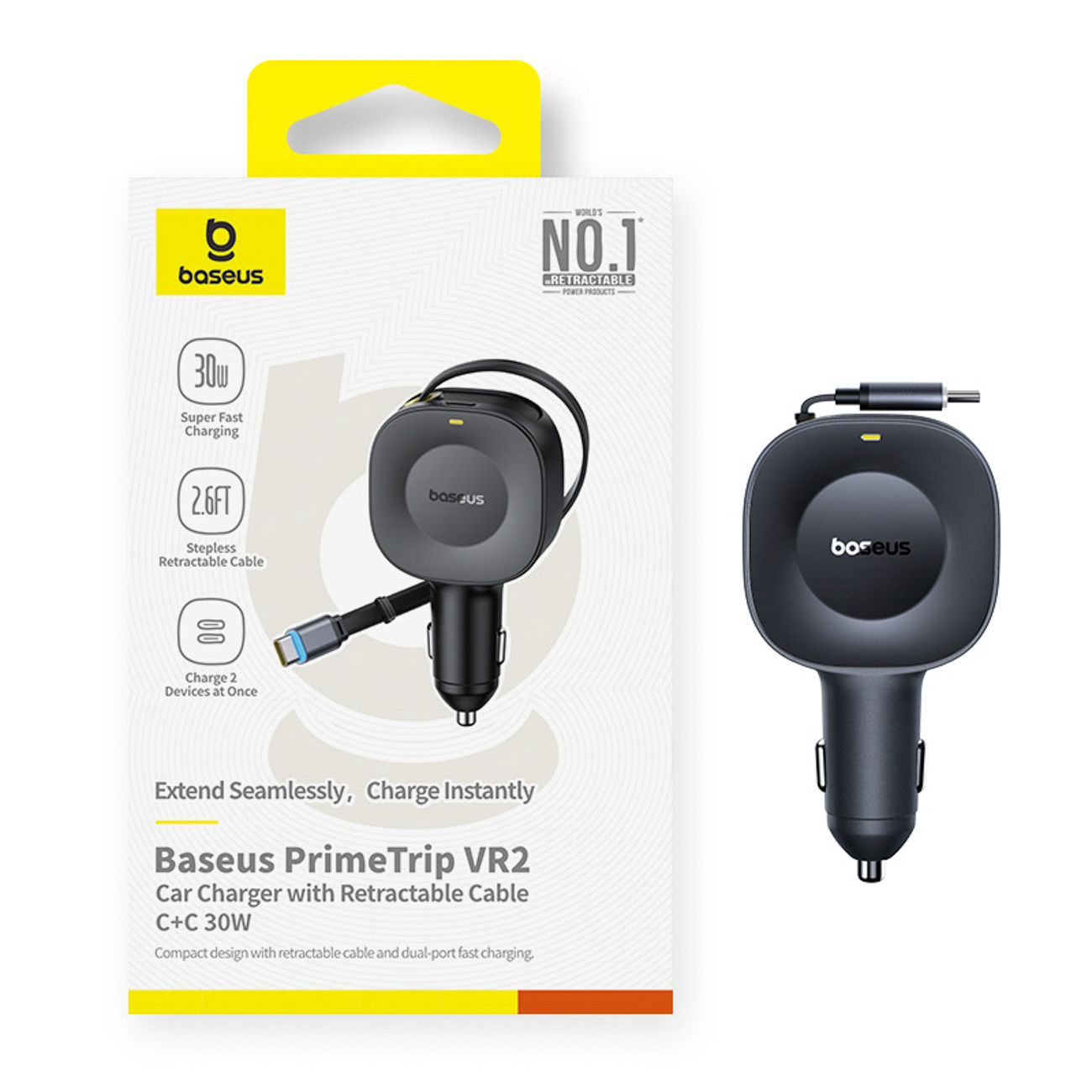 Usb-c Automobilinis įkroviklis Su Ištraukiamu Usb-c Kabeliu 30 W - Juodas
