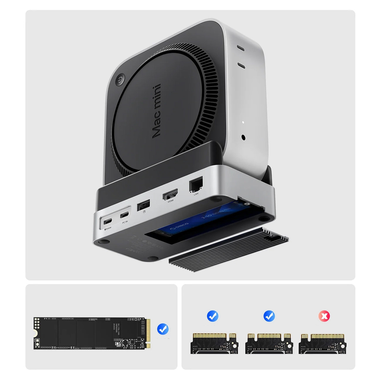 "mac Mini" 10in1 M.2 Usb-c Usb-a Hdmi Rj45 Sd/tf Doko Stotelė, Skirta "mac Mini" M.2 Usb-c Usb-a Hdmi Rj45 Sd/tf - Sidabrinė