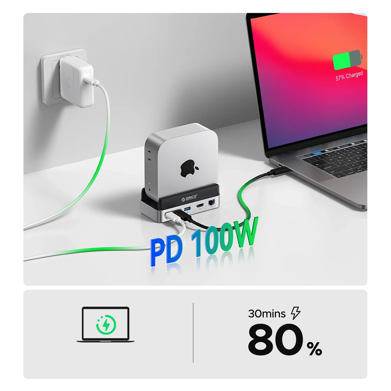 "mac Mini" 10in1 M.2 Usb-c Usb-a Hdmi Rj45 Sd/tf Doko Stotelė, Skirta "mac Mini" M.2 Usb-c Usb-a Hdmi Rj45 Sd/tf - Sidabrinė