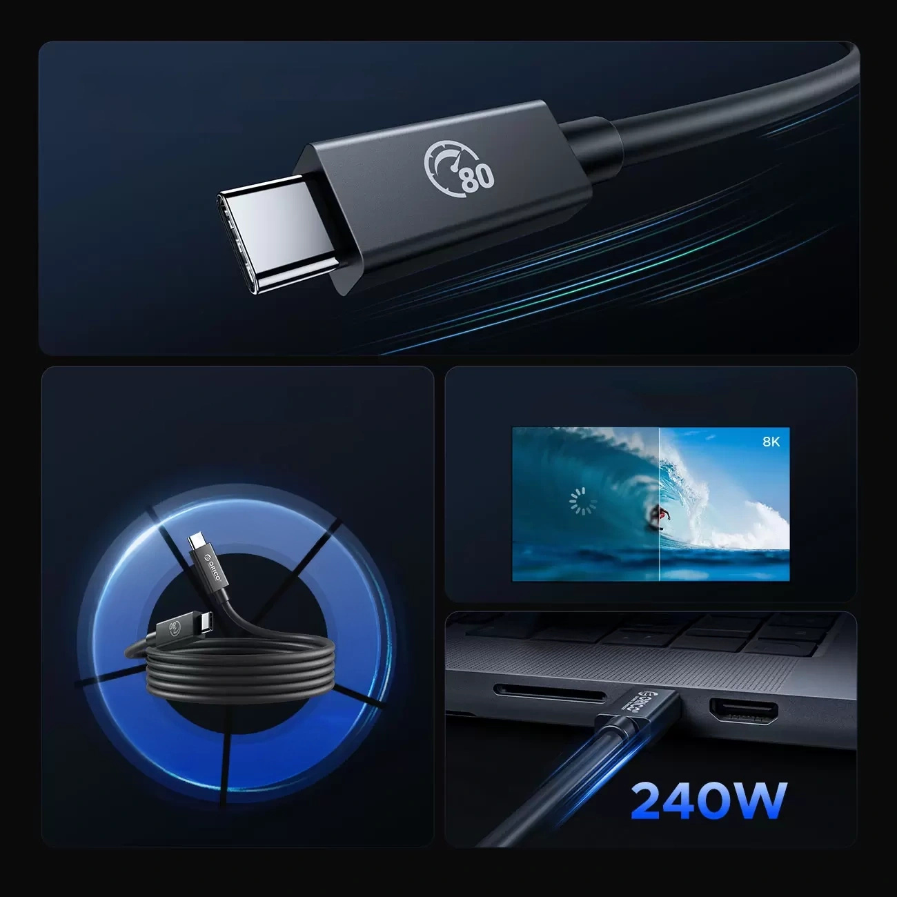 Kabelis Usb-c Usb4 Thunderbolt5 80gbps 240w 1,5 M - Juodas