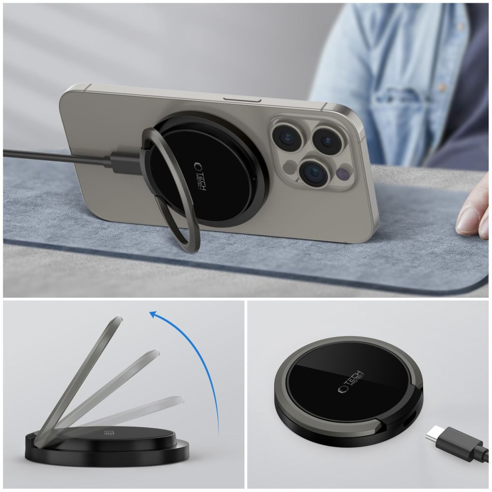 Indukcinis įkroviklis Su Usb-a - Usb-c "magsafe" Kabelio Laikikliu - Juodas