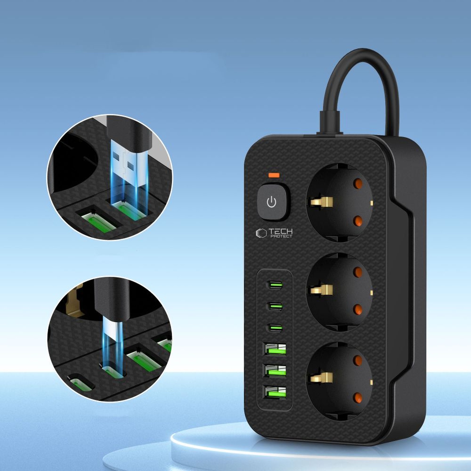Maitinimo Juostos 3 Lizdų Ilgintuvas 240v Usb-a Usb-c 2 M - Juodas