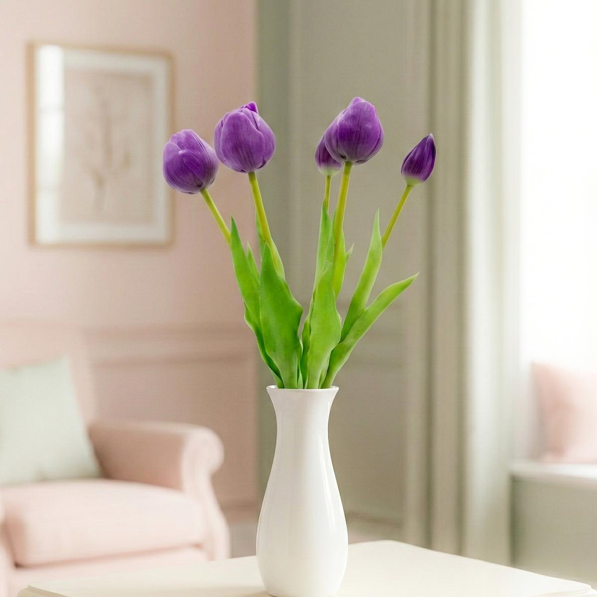 5 Bijūnų Puokštė Violetinės Tulpės 39 Cm Kaip Gyva Pavasario Puošmena