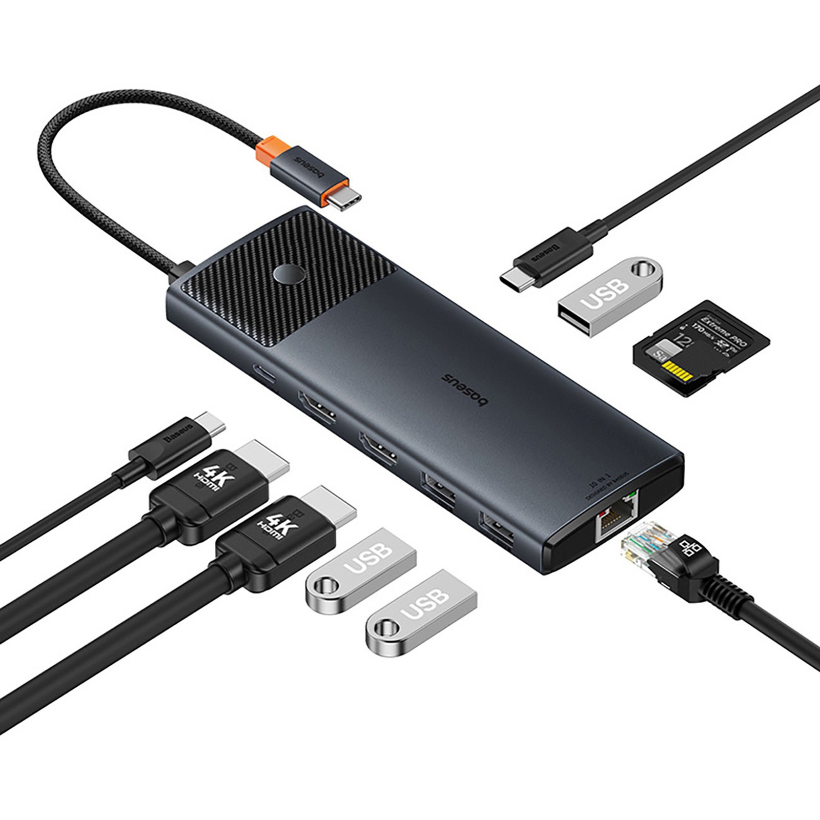 Hub Adapteris 10in1 Hdmi Usb-a Usb-c Rj45 Sd Tf - Pilkas