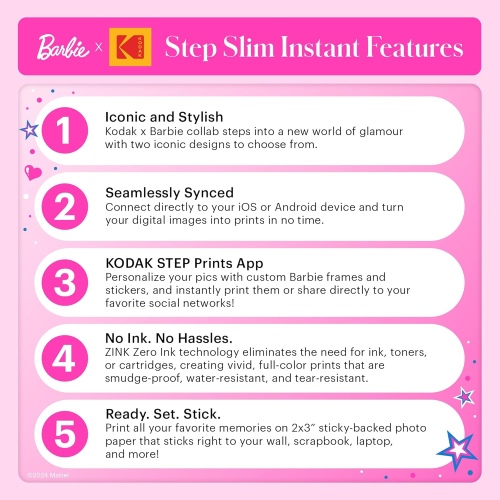 Barbie x Kodak STEP Slim Momentinis mobilus nuotraukų spausdintuvas Colour ZINK 2x3'' 1ppm, BT, Pink