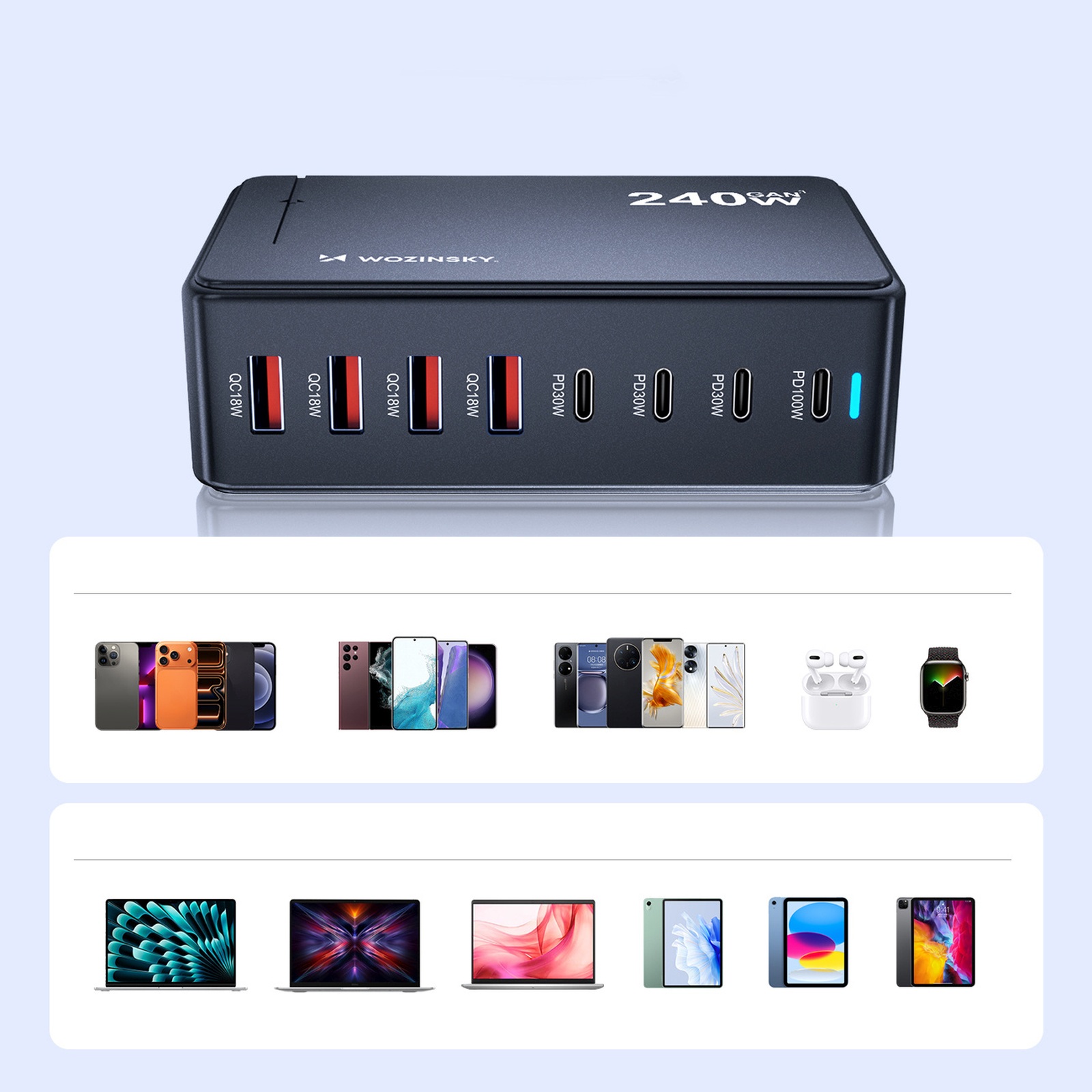 Stalinė įkrovimo Stotelė 4x Usb-a 4x Usb-c Gan Qc3 240w - Juoda