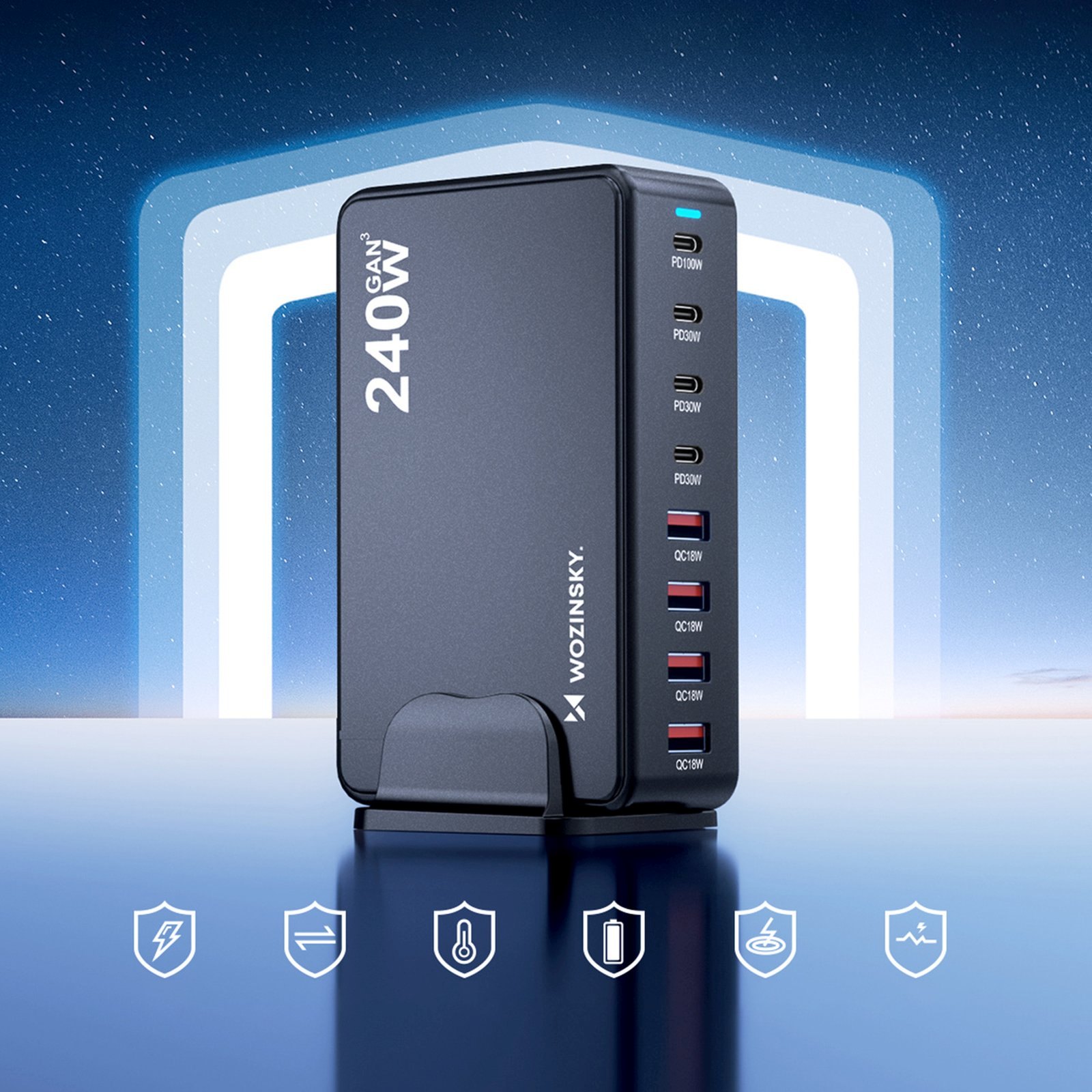 Stalinė įkrovimo Stotelė 4x Usb-a 4x Usb-c Gan Qc3 240w - Juoda