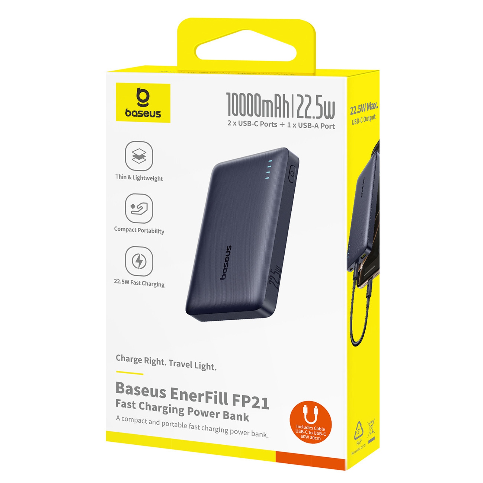 10000 Mah 22,5 W "enerfill Fp21 Usb-a Usb-c" Su Usb-c Kabeliu - Juodas