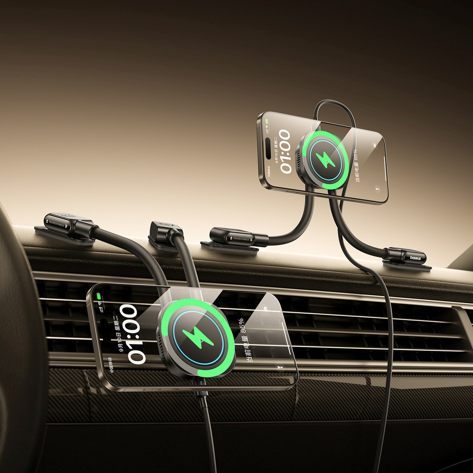 Automobilinis Laikiklis Su Indukciniu Išmaniojo Telefono įkrovikliu Prietaisų Skydeliui Priklijuoti - Juodas