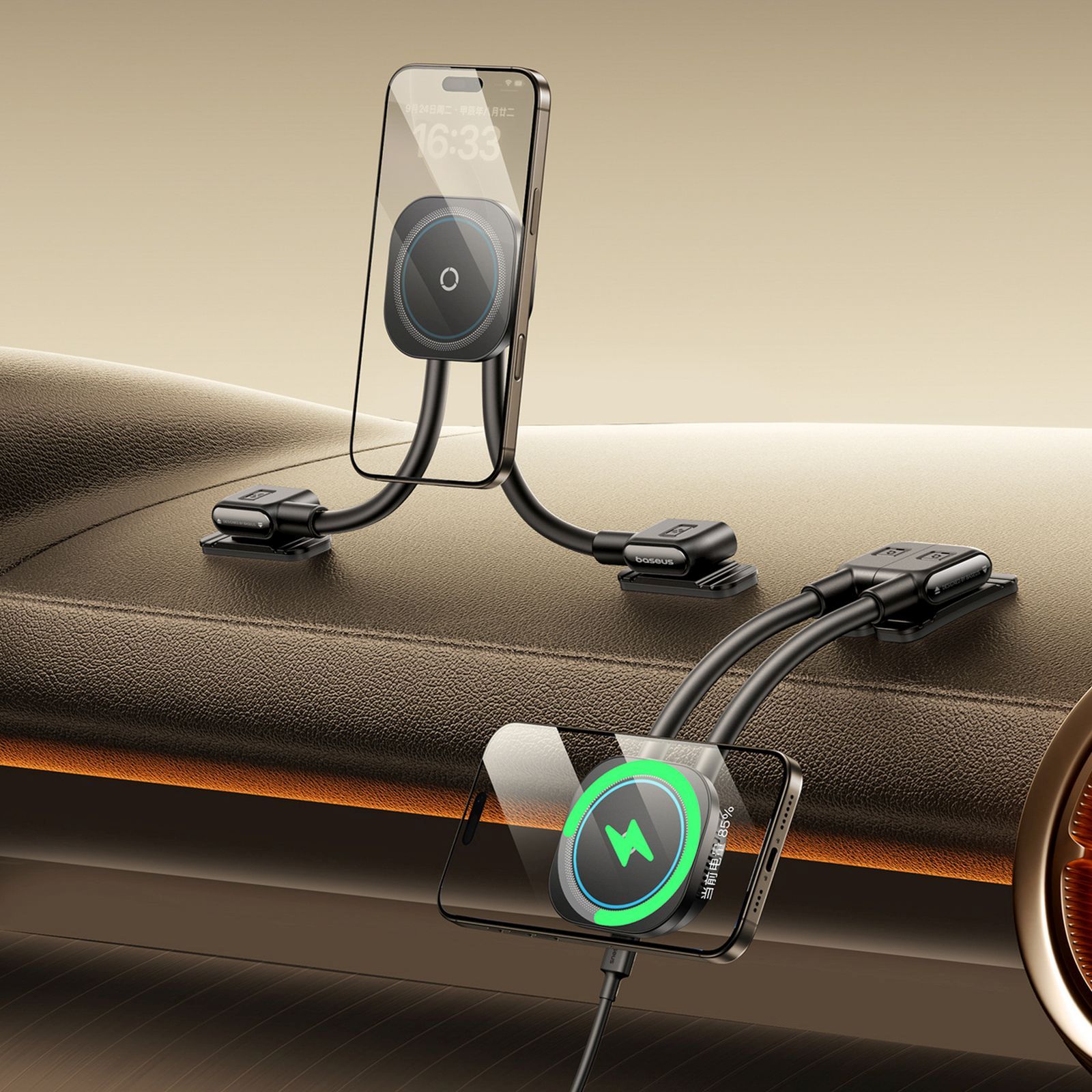 Automobilinis Laikiklis Su Indukciniu Išmaniojo Telefono įkrovikliu Prietaisų Skydeliui Priklijuoti - Juodas