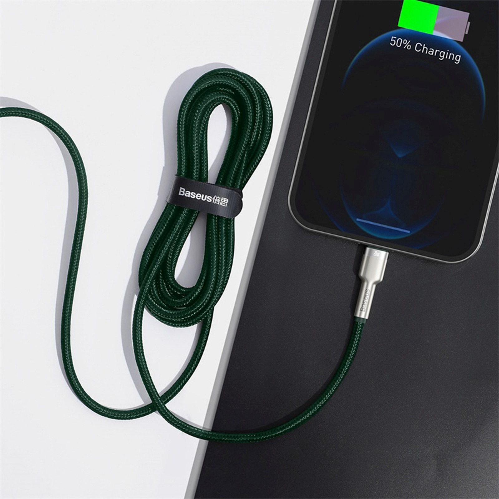Usb-c - "iphone Lightning" Kabelis Su Metaliniais Galais "cafule Pd 20w 2 M" - žalias