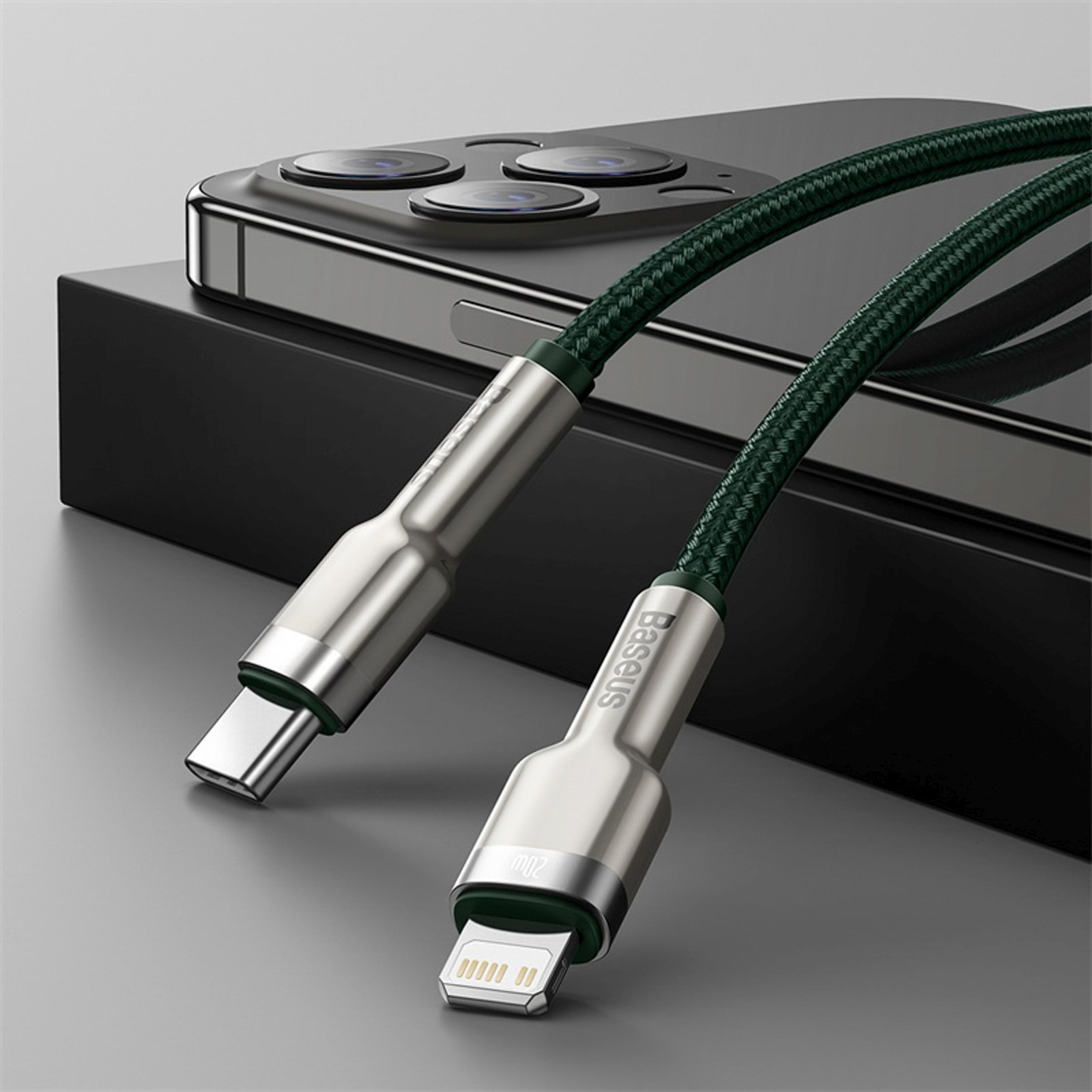 Usb-c - "iphone Lightning" Kabelis Su Metaliniais Galais "cafule Pd 20w 2 M" - žalias