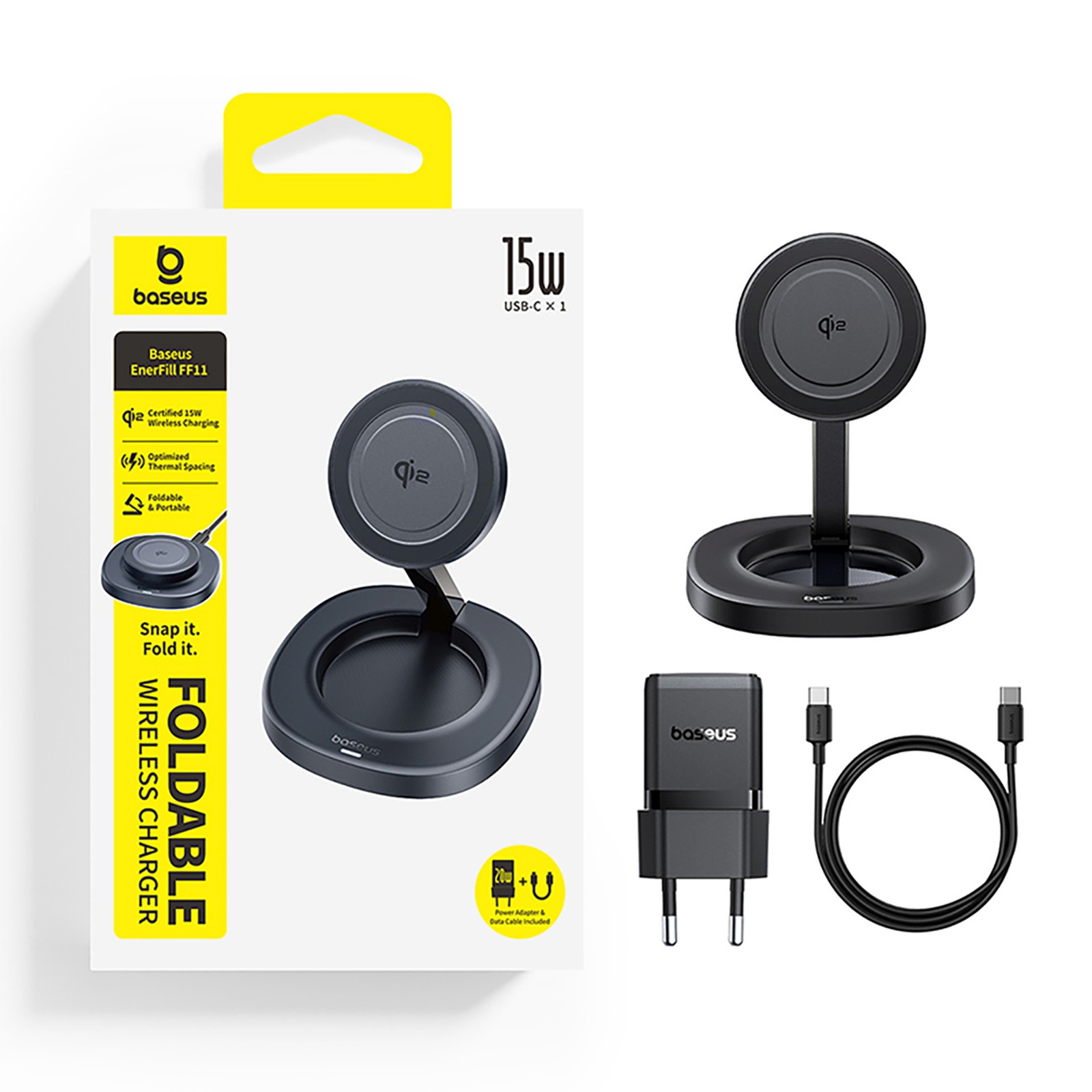 Sulankstomas Indukcinis 15 W įkroviklis Su 20 W Tinklo įkrovikliu Ir Usb-c Kabeliu - Juodas