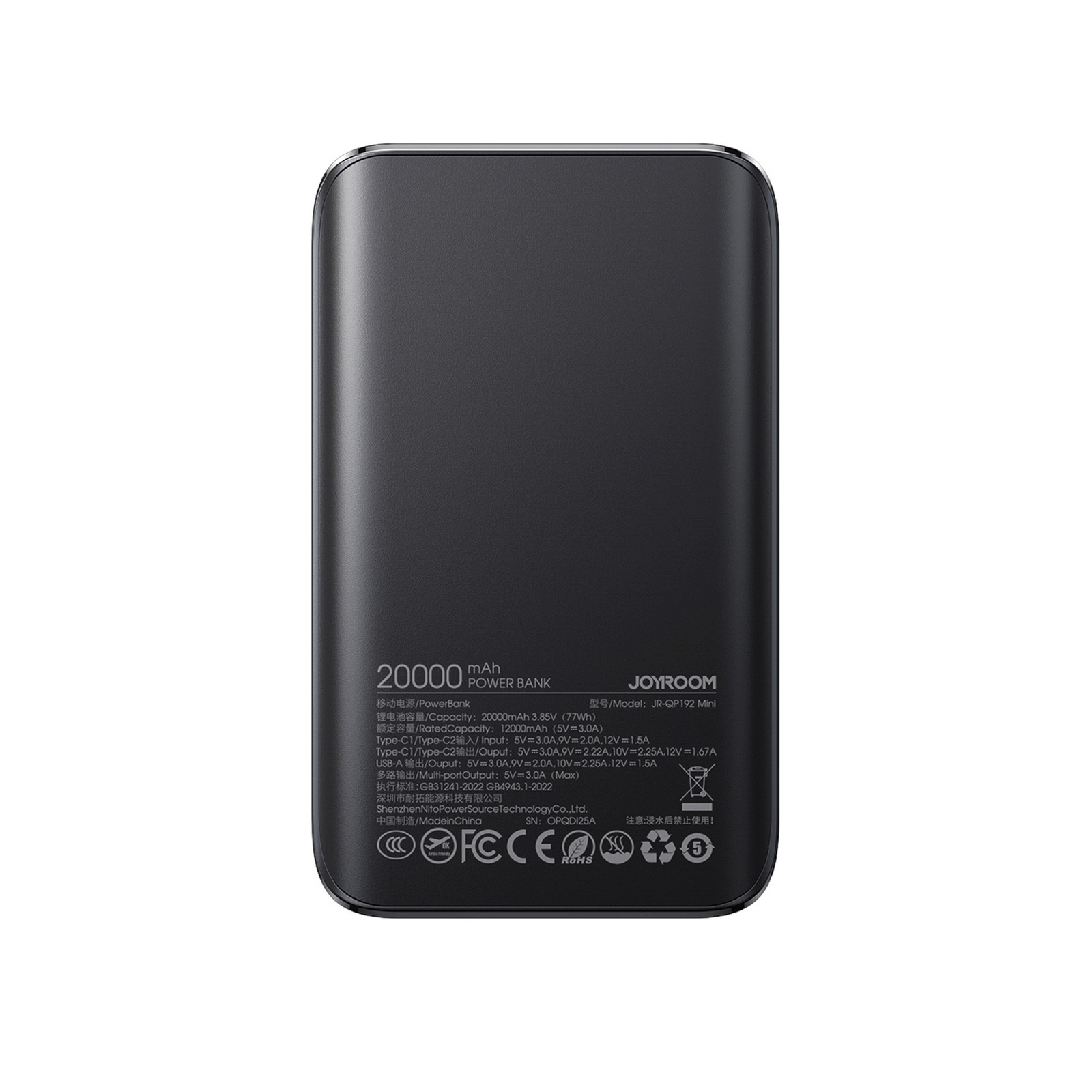 Powerbank 20000mah 22,5w Usb-a Usb-c Su Ekranu Jr-qp192 Mini - Juodas