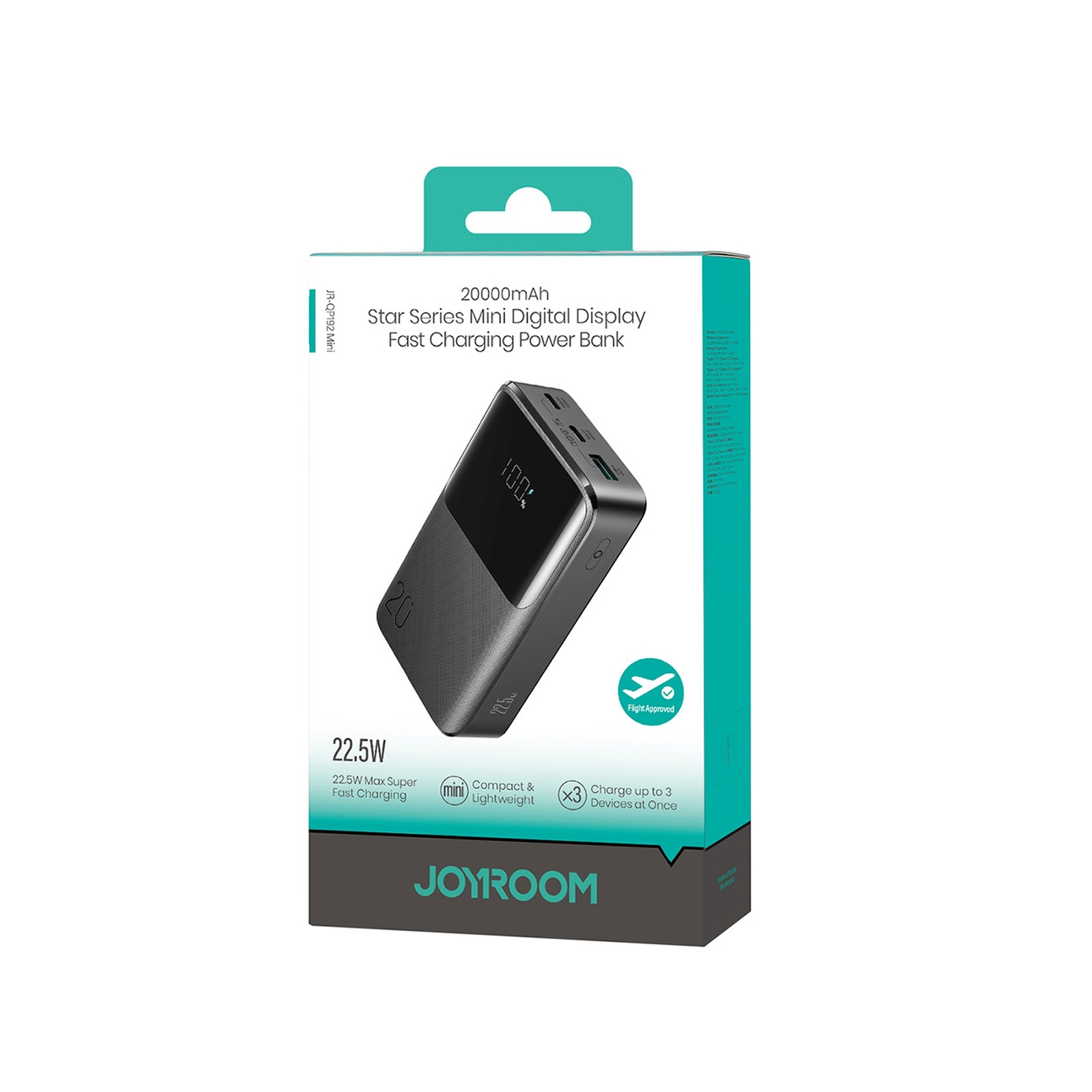 Powerbank 20000mah 22,5w Usb-a Usb-c Su Ekranu Jr-qp192 Mini - Juodas