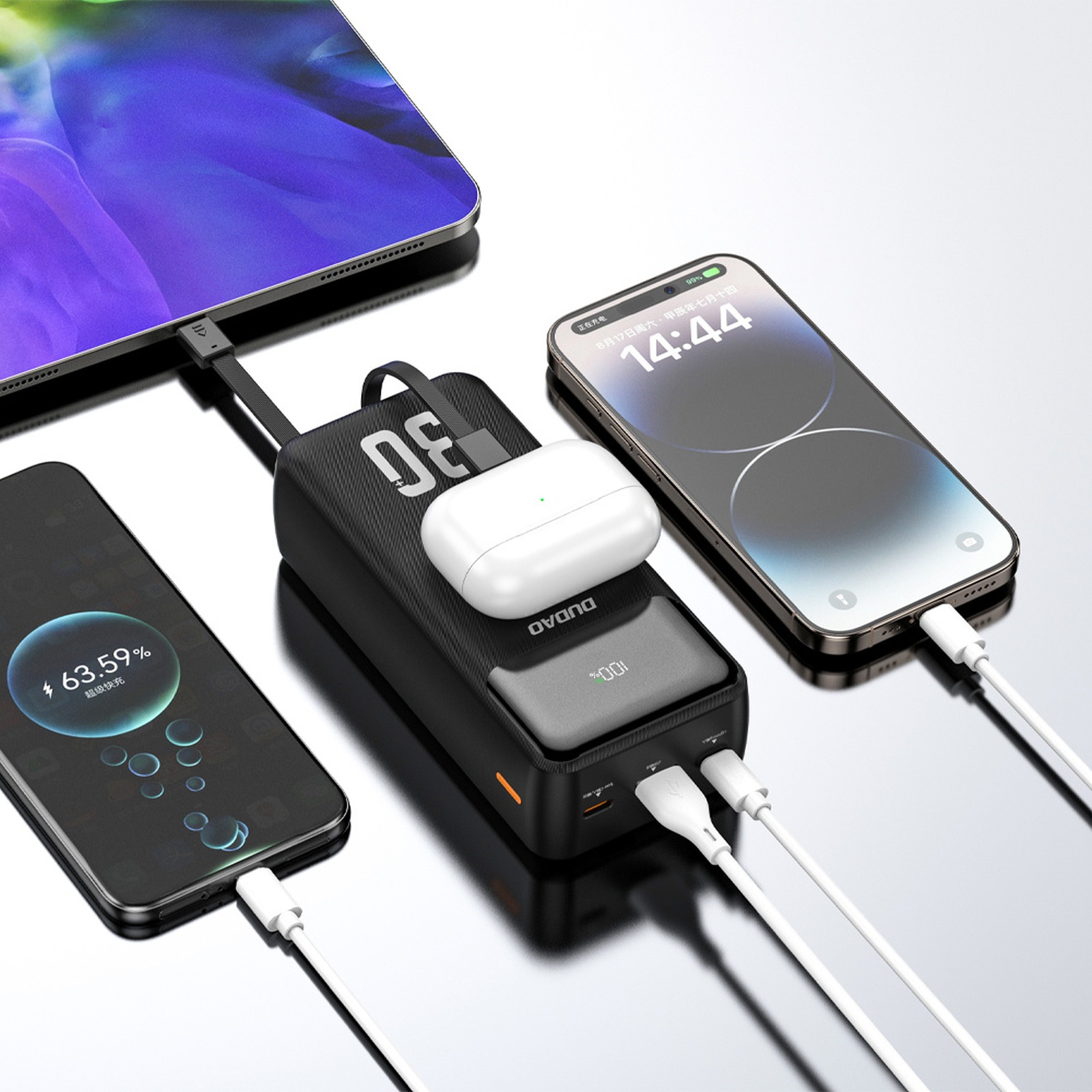 Powerbank 30000mah Usb-a Usb-c K15max Pd 22,5w Su Usb-c Iphone Lightning Kabeliu - Baltas