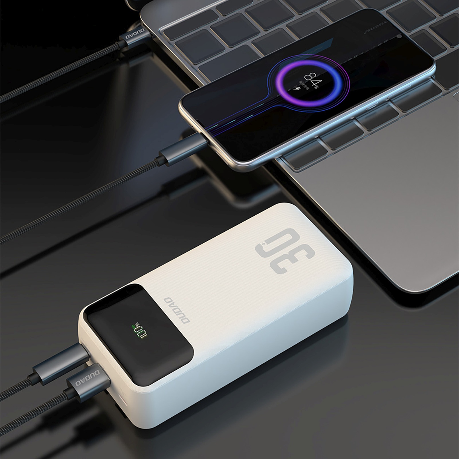 Powerbank 30000mah Usb-a Usb-c K15max Pd 22,5w Su Usb-c Iphone Lightning Kabeliu - Baltas