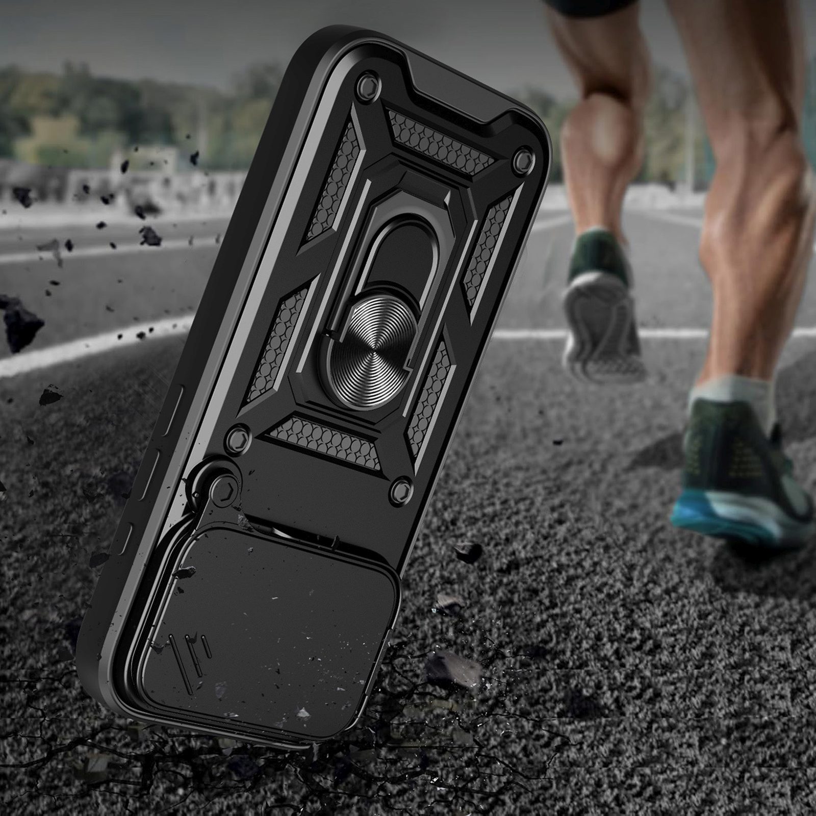 šarvuotas Dėklas Su Stovu Ir Fotoaparato Dangteliu "iphone 17 Pro Hybrid Armor Camshield" - Juodas