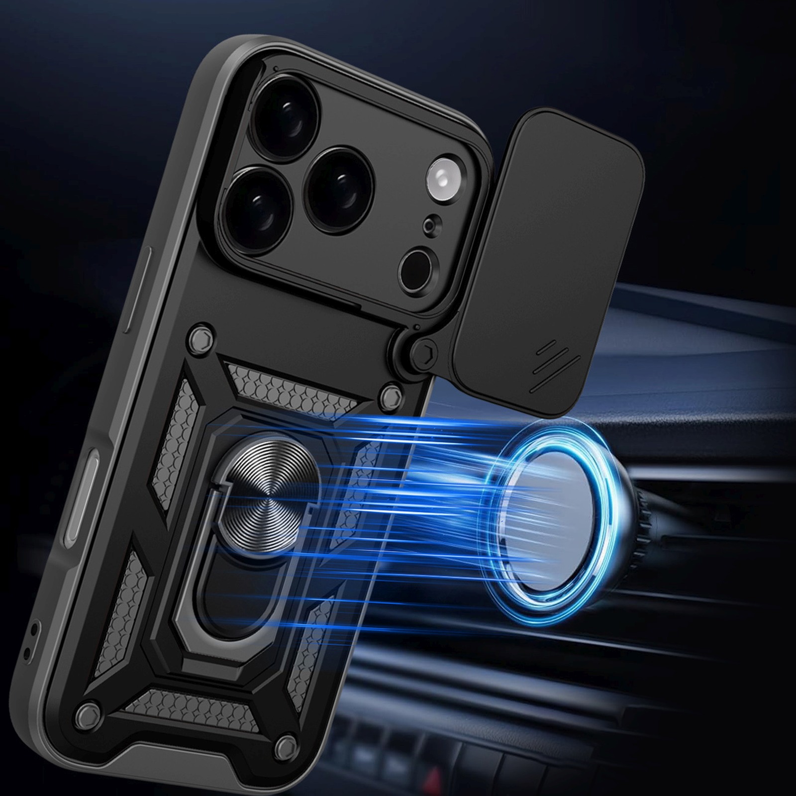 šarvuotas Dėklas Su Stovu Ir Fotoaparato Dangteliu "iphone 17 Pro Hybrid Armor Camshield" - Juodas