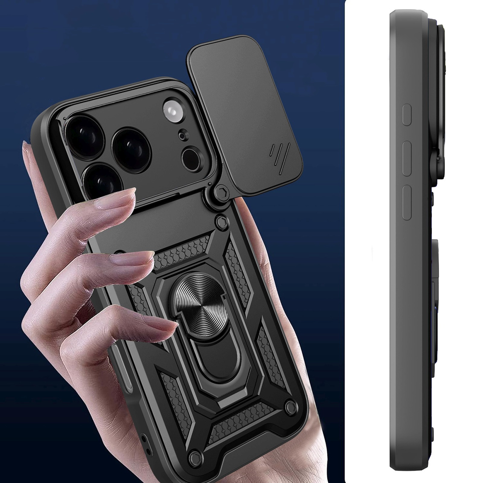 šarvuotas Dėklas Su Stovu Ir Fotoaparato Dangteliu "iphone 17 Pro Hybrid Armor Camshield" - Juodas