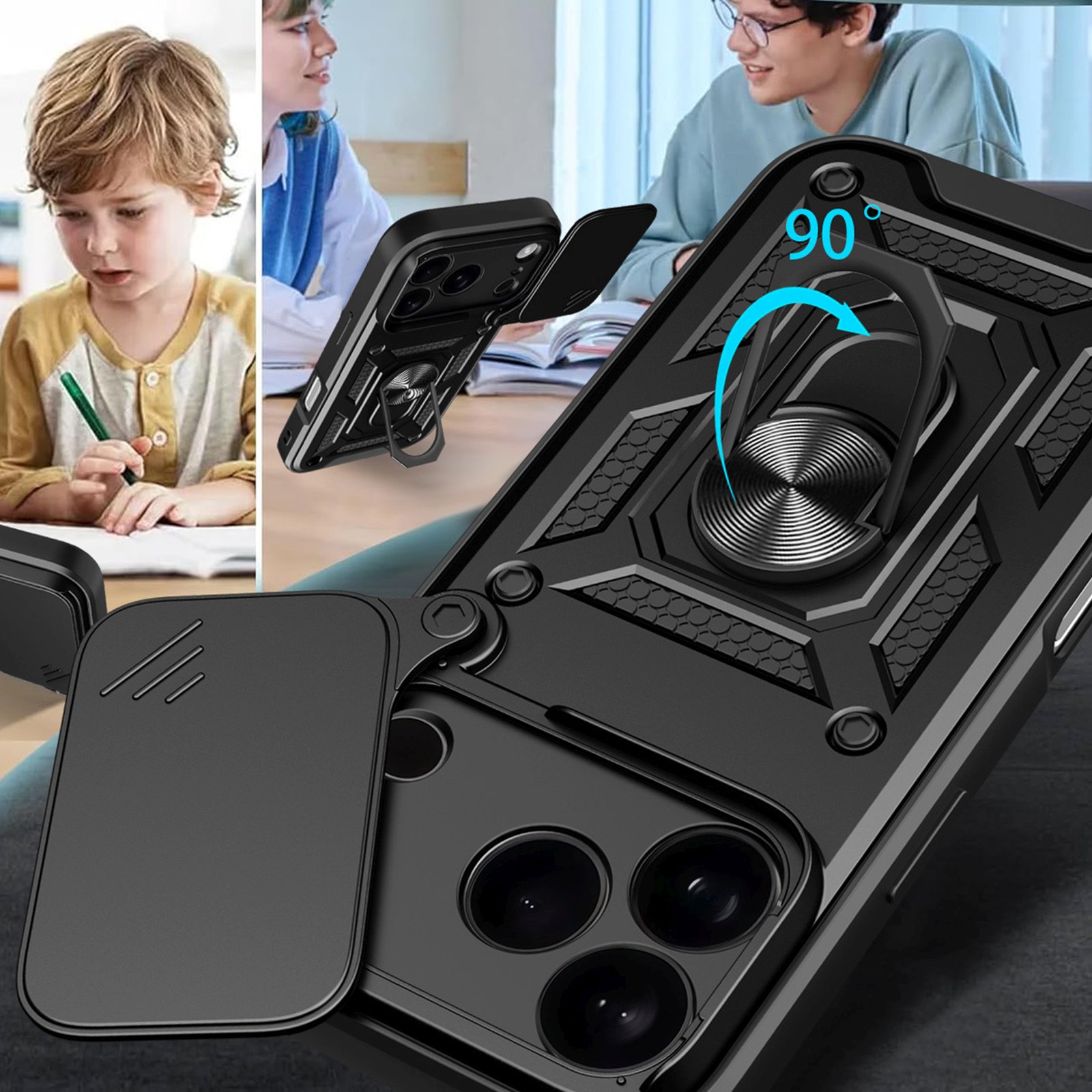 šarvuotas Dėklas Su Stovu Ir Fotoaparato Dangteliu "iphone 17 Pro Hybrid Armor Camshield" - Juodas