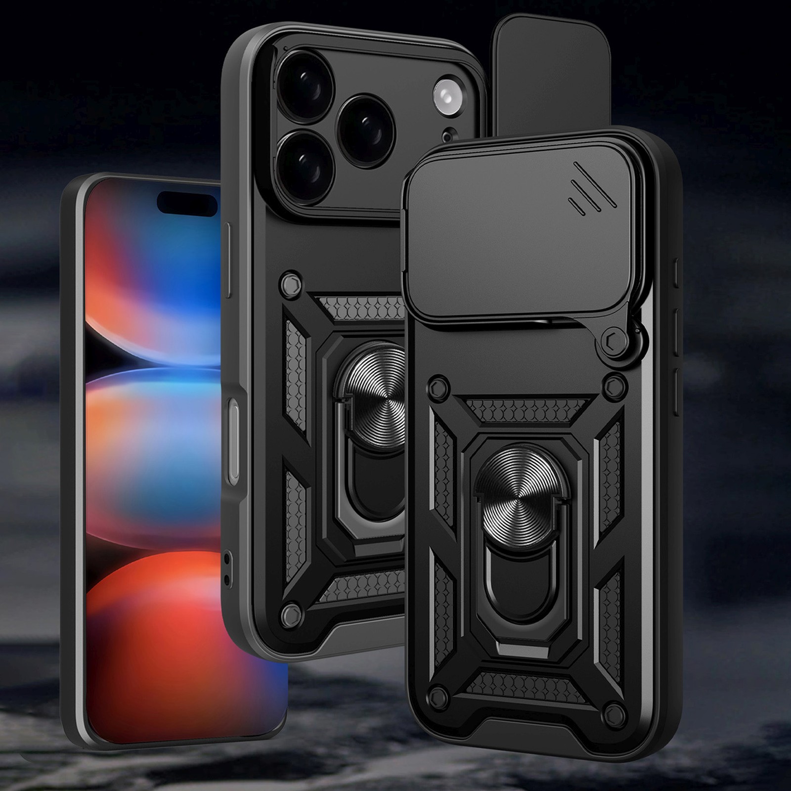 šarvuotas Dėklas Su Stovu Ir Fotoaparato Dangteliu "iphone 17 Pro Hybrid Armor Camshield" - Juodas