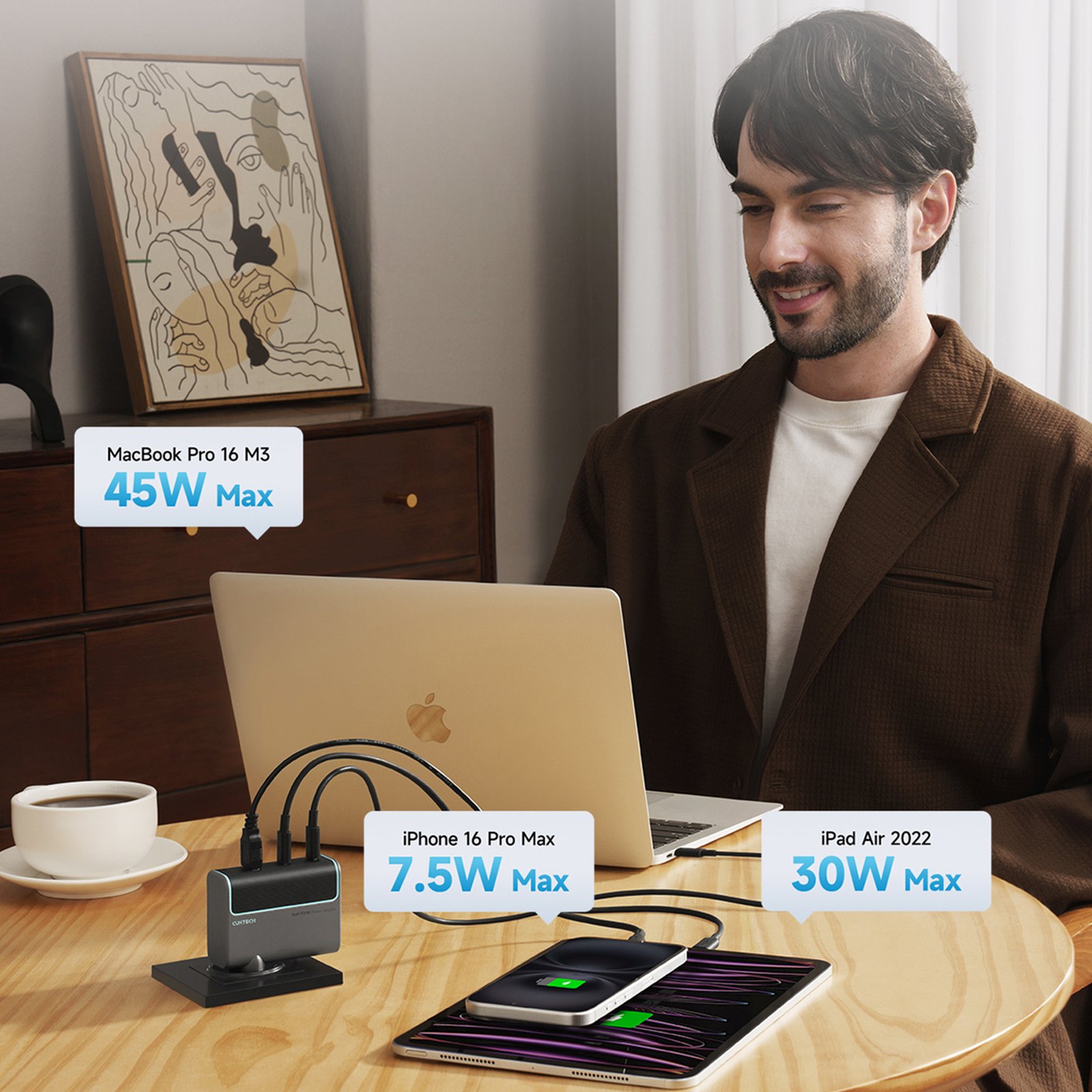 Usb-c Usb-a Tinklo įkroviklis Su Usb-c Gan Kabeliu 100 W - Pilkas