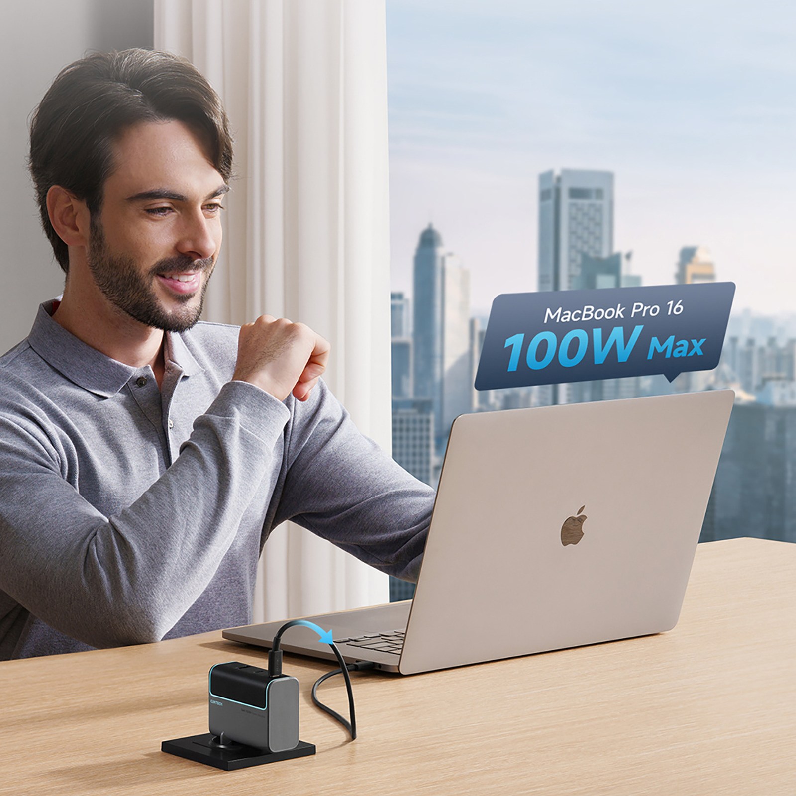 Usb-c Usb-a Tinklo įkroviklis Su Usb-c Gan Kabeliu 100 W - Pilkas