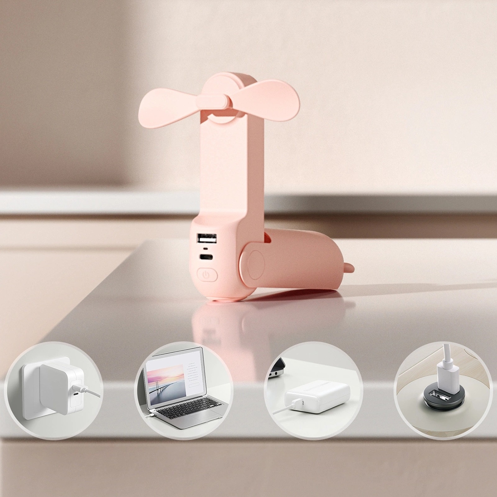 Mini Ventiliatorius Nešiojamasis Ventiliatorius Su Powerbanko Funkcija Ir žibintuvėliu Sulankstomas 4500 Mah Usb-c - Rožinis