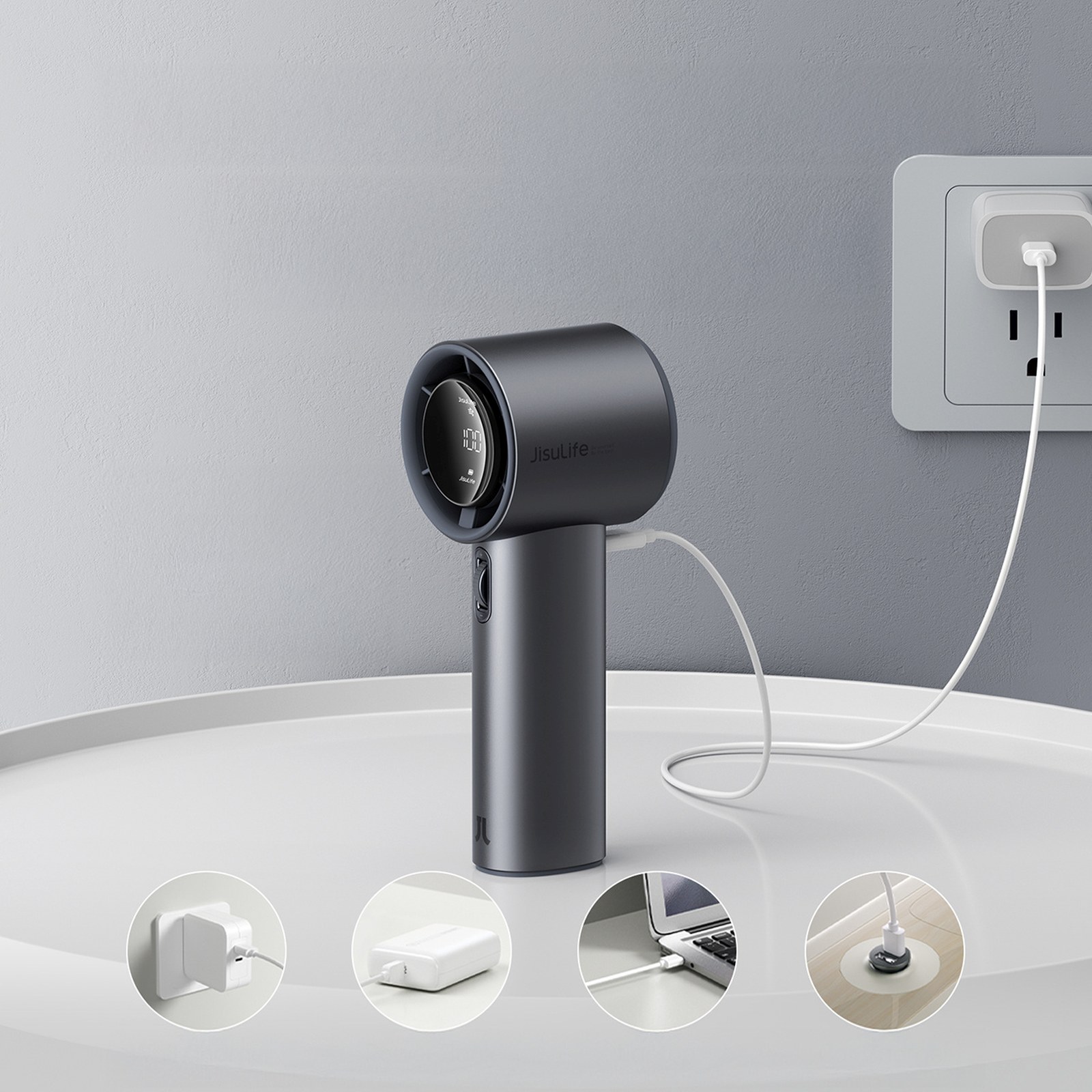Mini Ventiliatorius Nešiojamas Metalinis 5000 Mah Usb-c Led - Tamsiai Pilkas