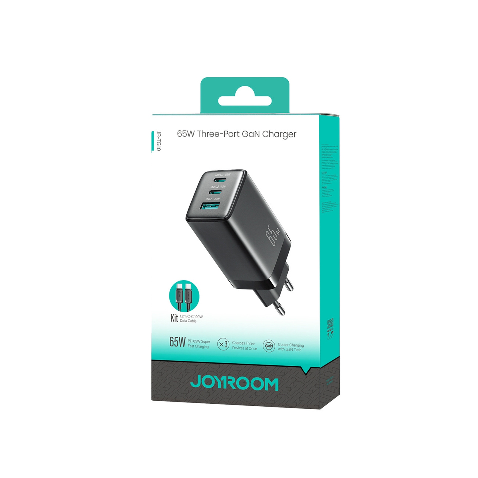 Usb-a Usb-c Gan 65 W Tinklo įkroviklis Su Usb-c 100 W 1,2 M Ilgio Kabeliu - Juodas