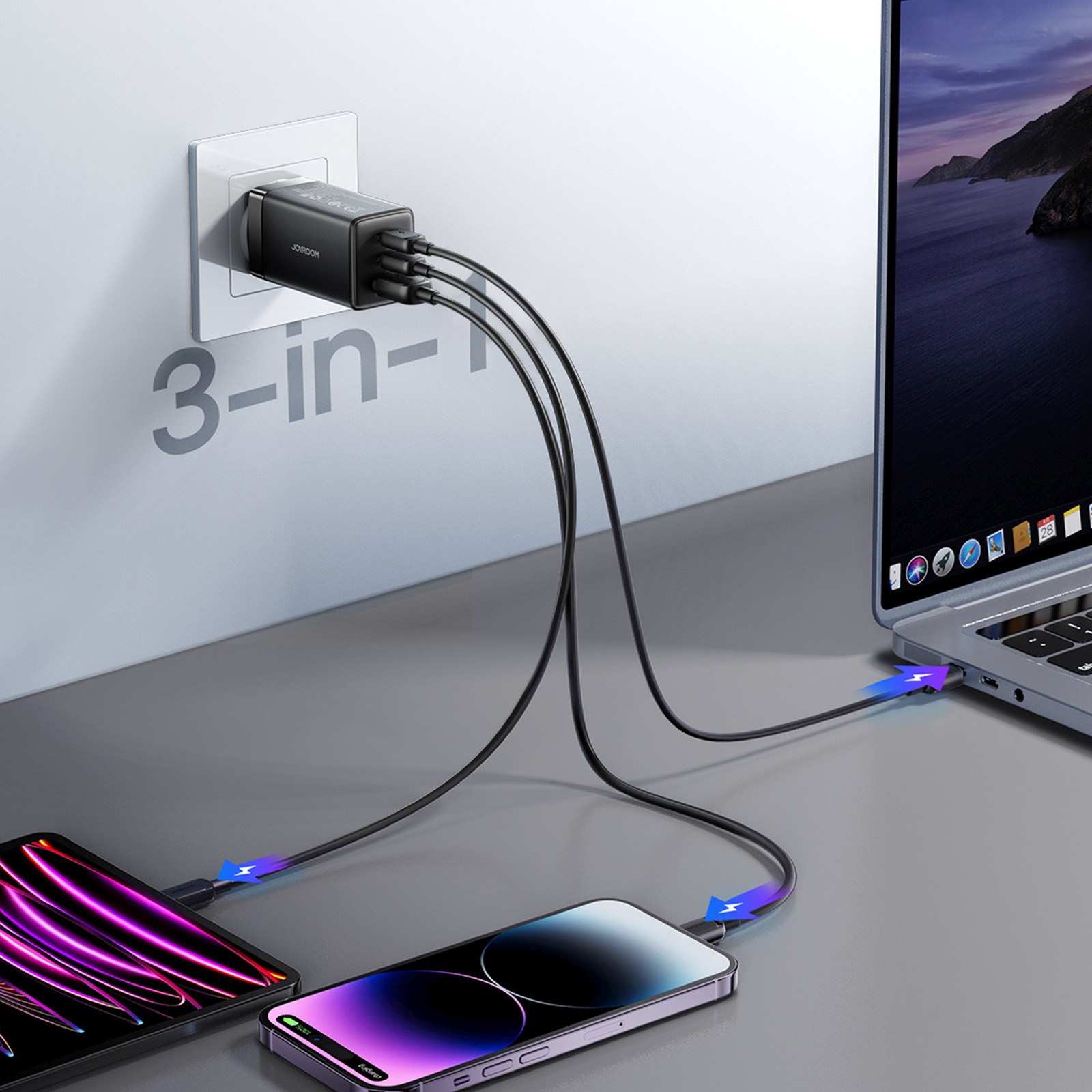 Usb-a Usb-c Gan 65 W Tinklo įkroviklis Su Usb-c 100 W 1,2 M Ilgio Kabeliu - Juodas