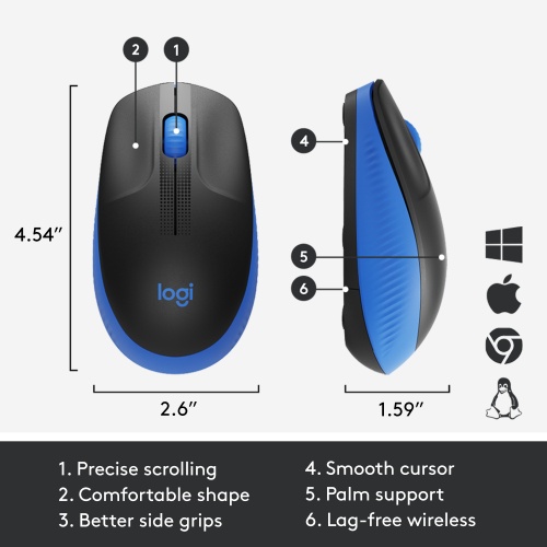 Logitech M190 Full-Size Belaidė pelė, RF Wireless, 1000 DPI, Mėlyna