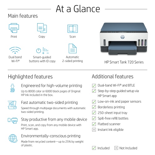 HP Smart Tank 720 AiO Spausdintuvas rašalinis spalvotas MFP A4 15 ppm USB Wi-Fi