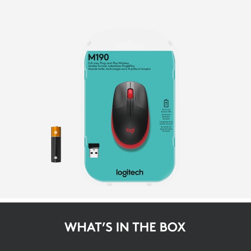 Logitech M190 Full-Size Belaidė pelė, RF Wireless, 1000 DPI, Raudona (SPEC)