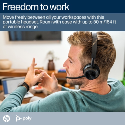 Poly Voyager 4320 MS Teams Belaidės ausinės, Bluetooth, USB-C, +BT700 dongle, +Charging Stand, Juoda