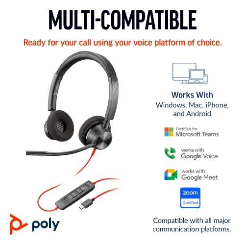 Poly Blackwire 3320 Stereo Laidinės ausinės, USB-C/A Adapter, Juoda