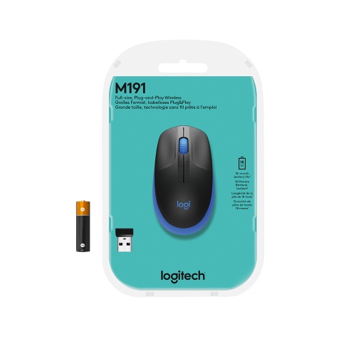 Logitech M190 Full-Size Belaidė pelė, RF Wireless, 1000 DPI, Mėlyna