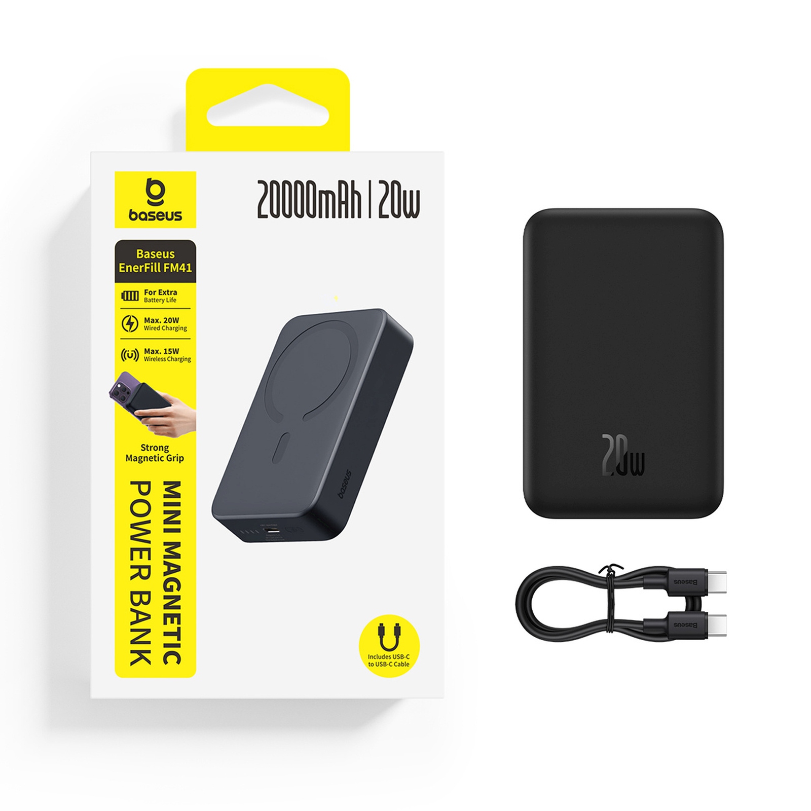 Magnetinis 20000mah 20w "enerfill Fm41" Maitinimo Blokas Su Usb-c 30 Cm Kabeliu - Juodas