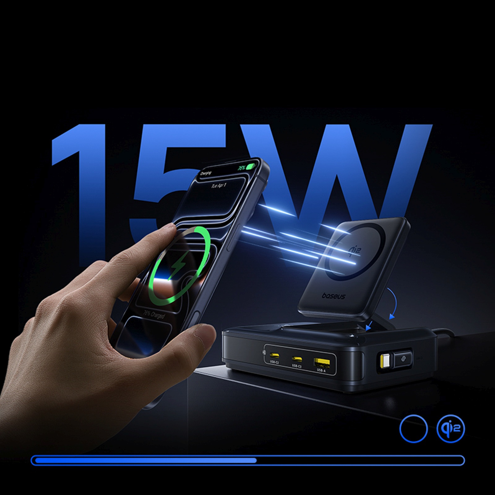 "5-in-1" Usb-a Usb-c Belaidžio įkrovimo Stotelė Su "qi2" 160 W Ištraukiamu Kabeliu - Juoda