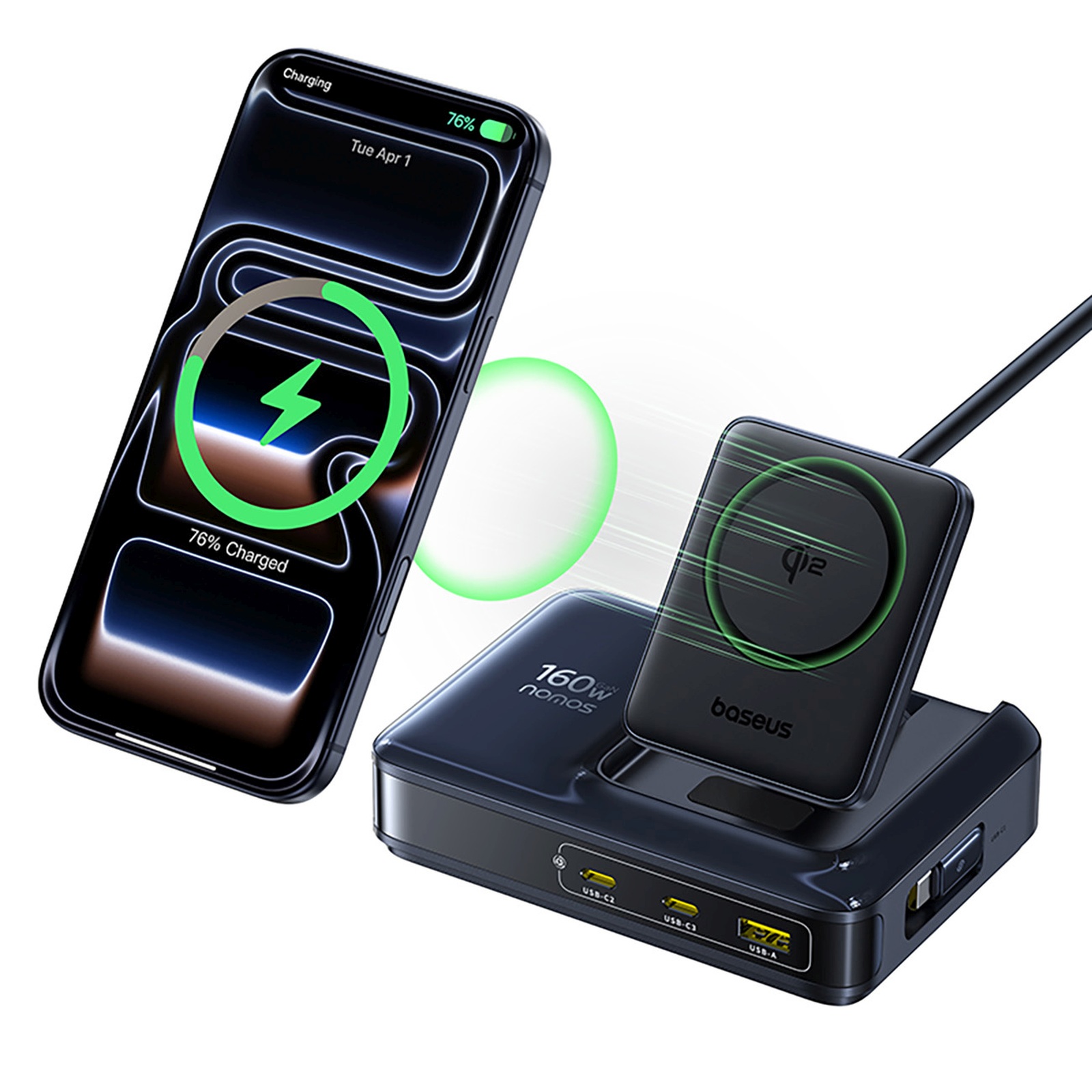 "5-in-1" Usb-a Usb-c Belaidžio įkrovimo Stotelė Su "qi2" 160 W Ištraukiamu Kabeliu - Juoda