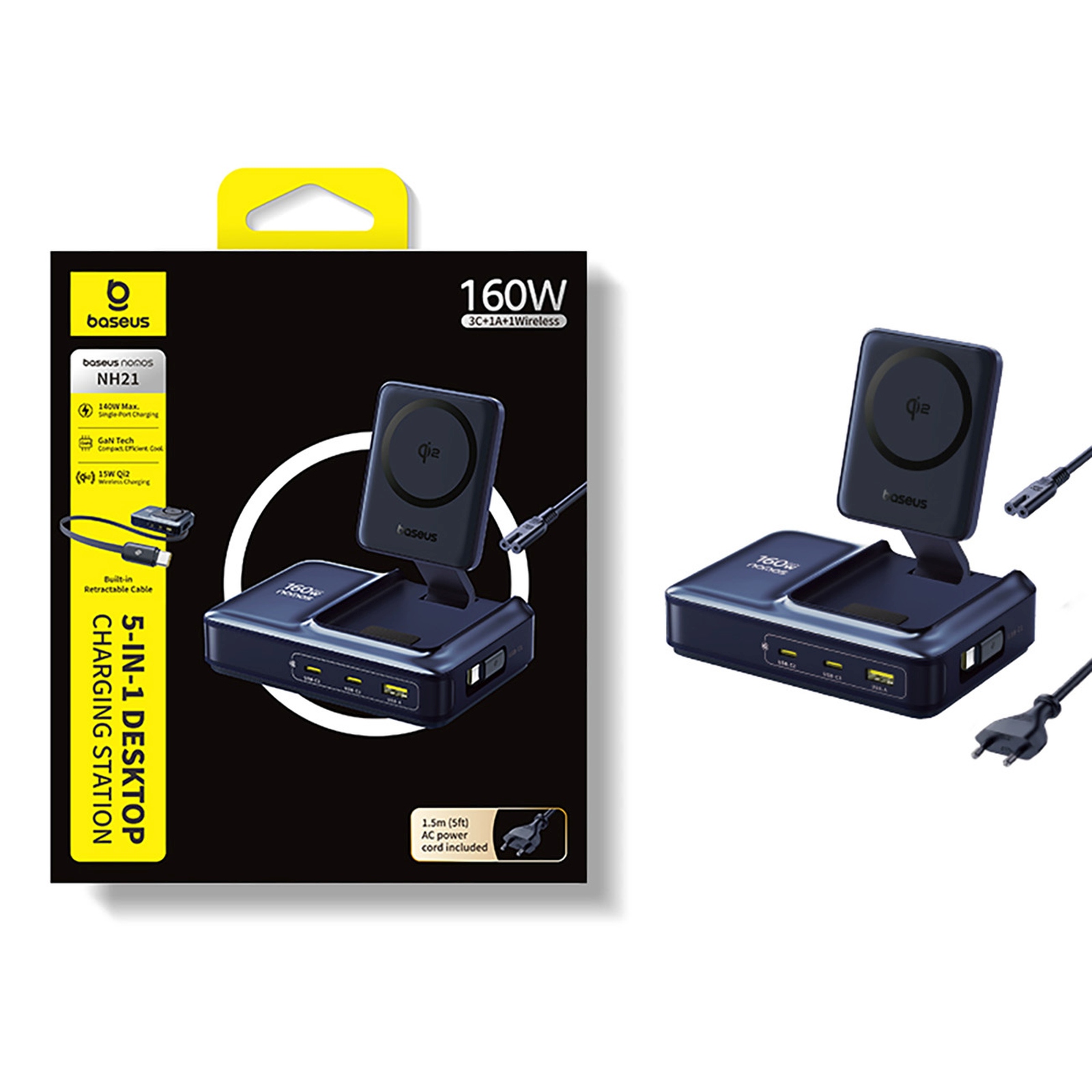 "5-in-1" Usb-a Usb-c Belaidžio įkrovimo Stotelė Su "qi2" 160 W Ištraukiamu Kabeliu - Juoda