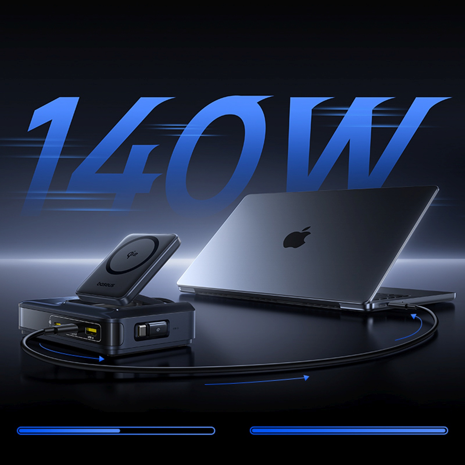 "5-in-1" Usb-a Usb-c Belaidžio įkrovimo Stotelė Su "qi2" 160 W Ištraukiamu Kabeliu - Juoda
