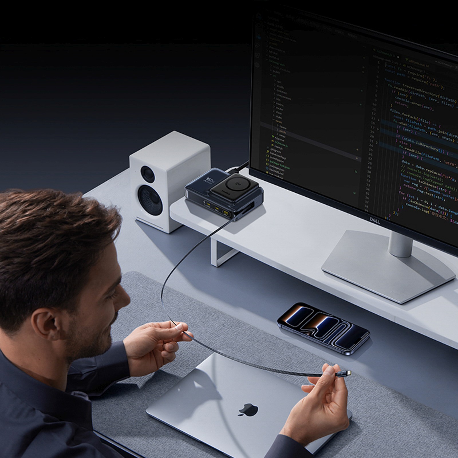 "5-in-1" Usb-a Usb-c Belaidžio įkrovimo Stotelė Su "qi2" 160 W Ištraukiamu Kabeliu - Juoda
