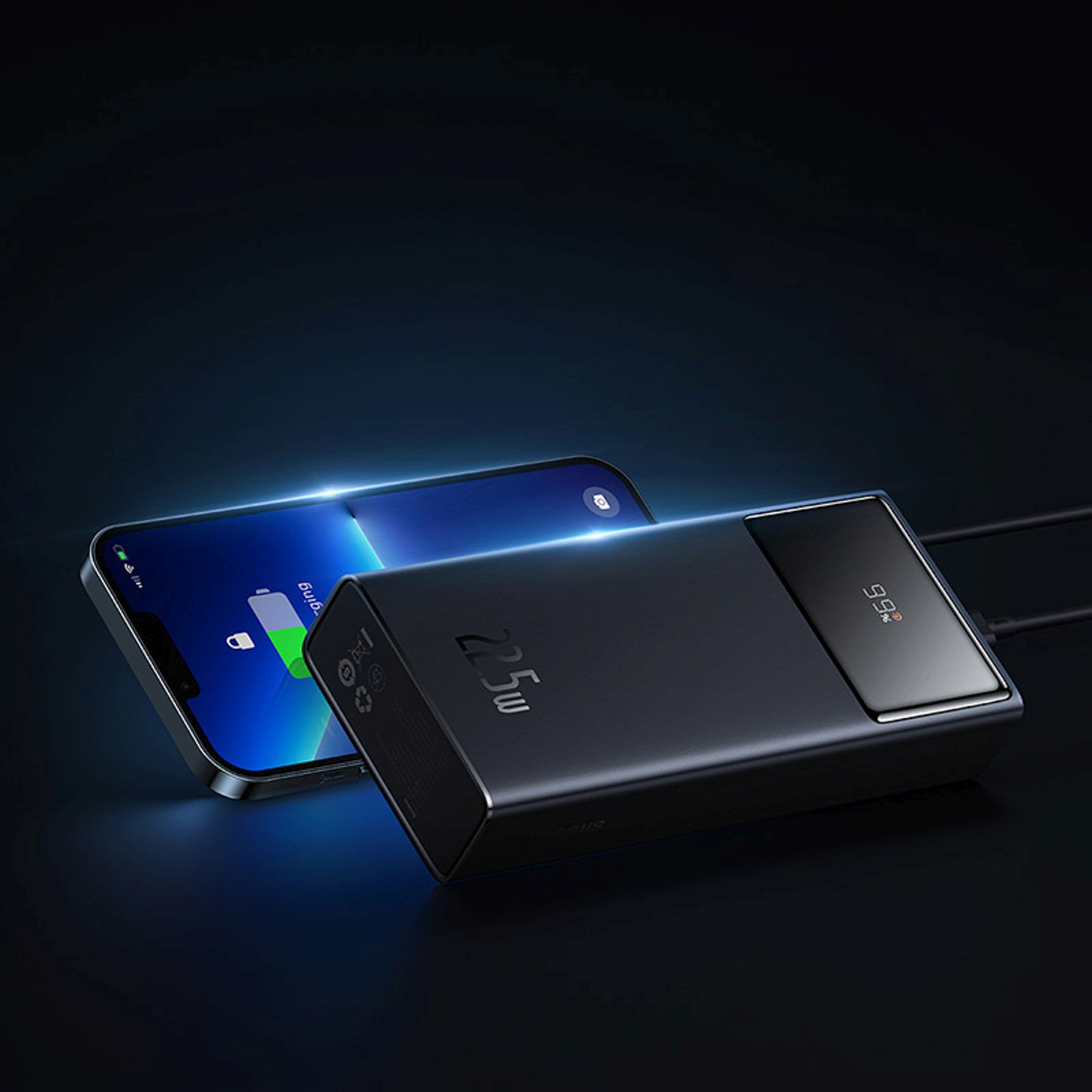 Powerbank 20000mah Usb-a Usb-c Su Ekrano Kabeliu 22,5w - Juodas