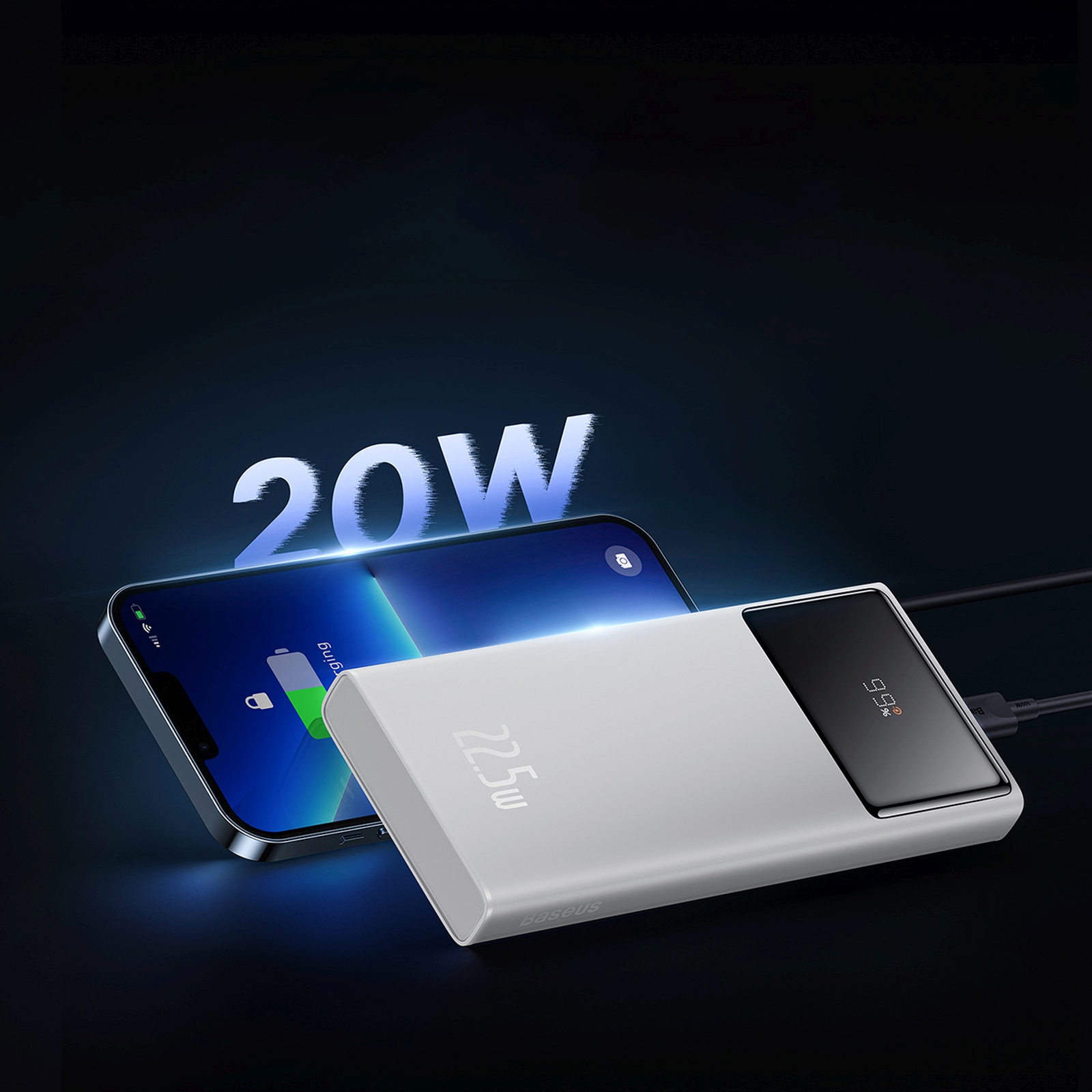 Powerbank 10000mah Usb-a Usb-c Su Ekrano Kabeliu 22,5w - Baltas