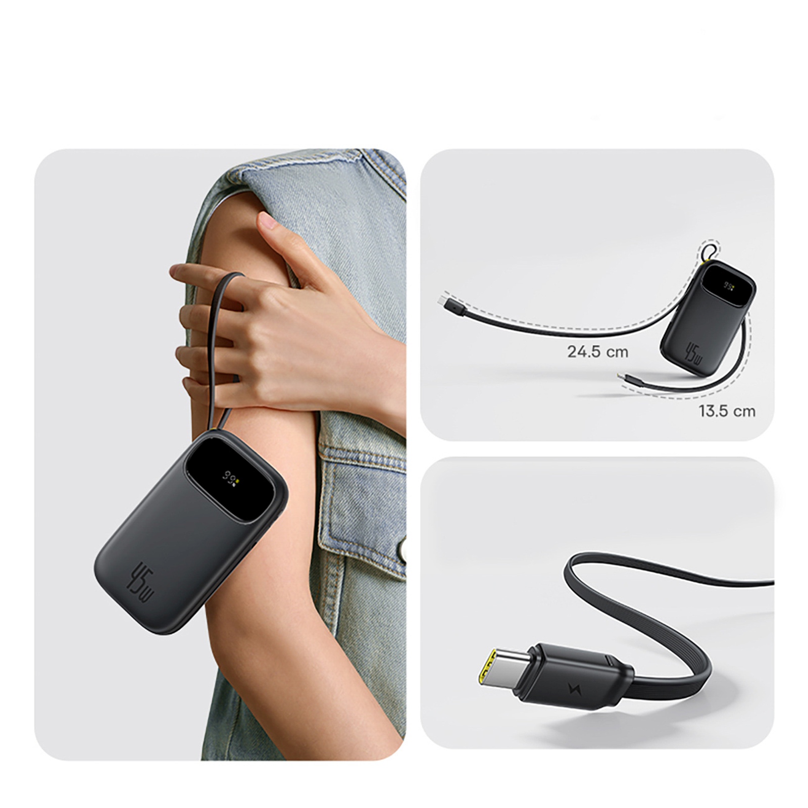 Powerbank 20000mah Usb-a Usb-c Su Ekranu Ir 2 Integruotais Laidais 45w - Juodas