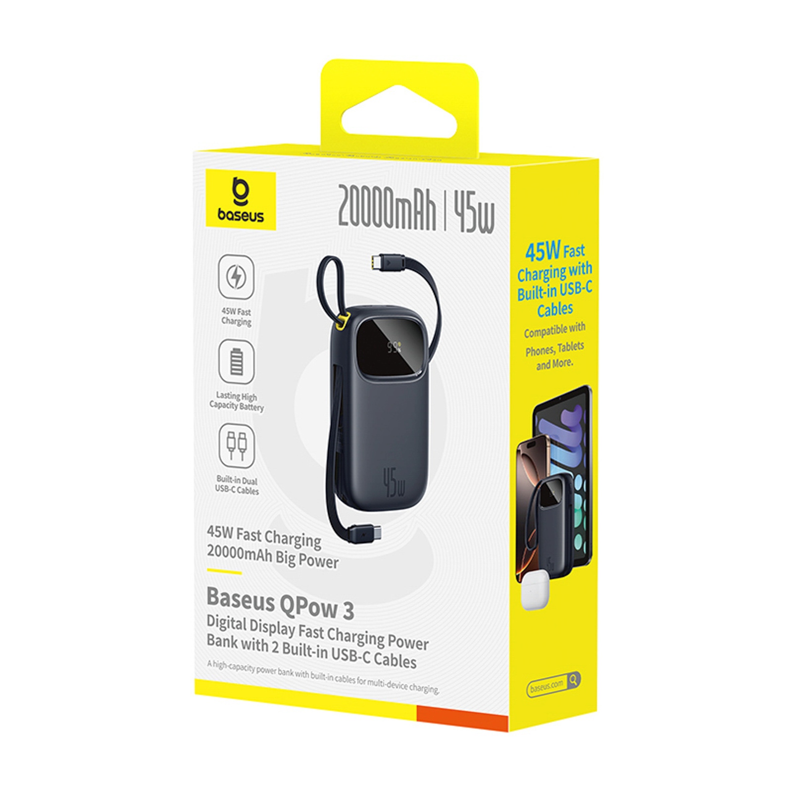 Powerbank 20000mah Usb-a Usb-c Su Ekranu Ir 2 Integruotais Laidais 45w - Juodas